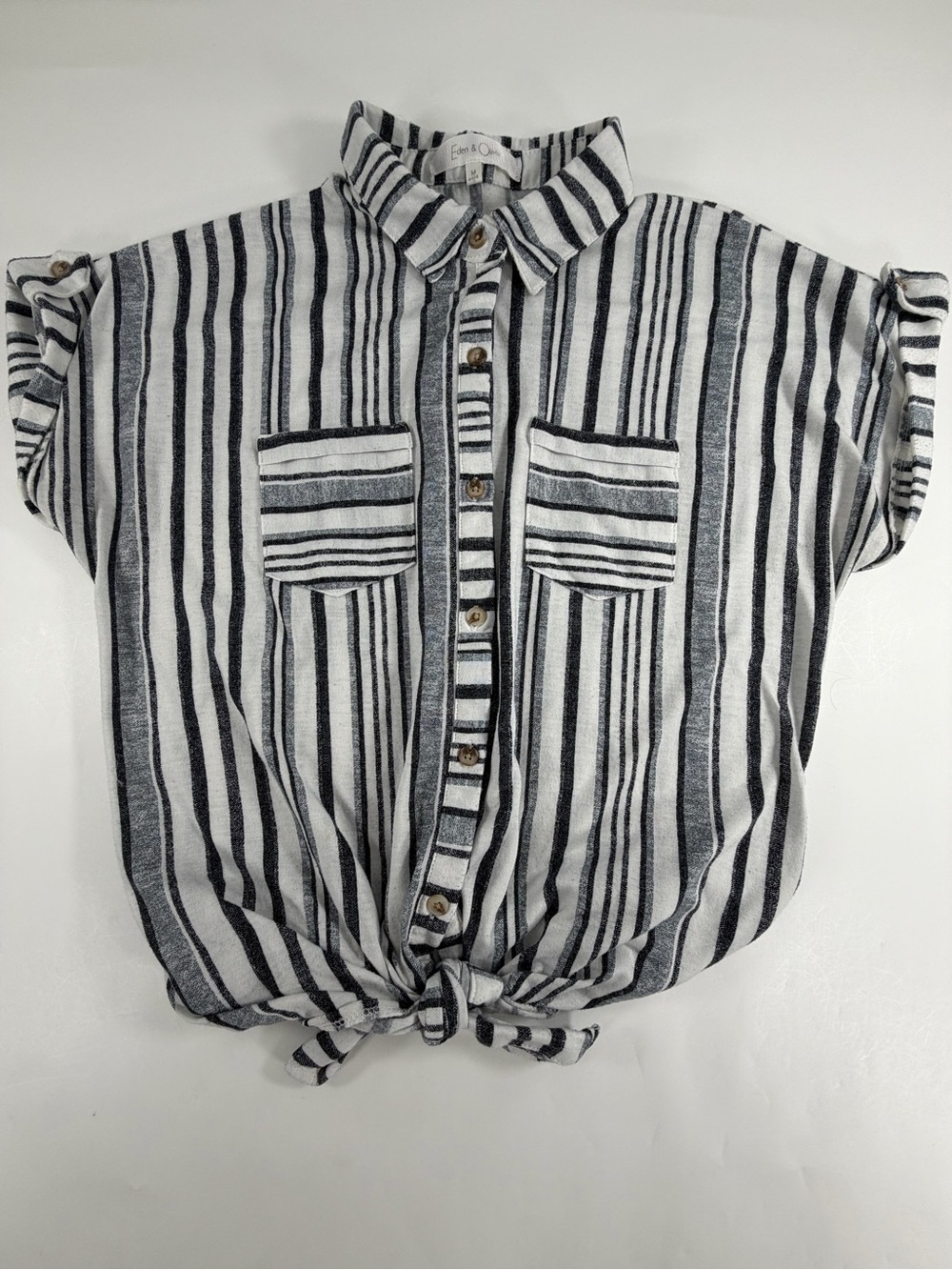 Coastal Cottagecore‎ Striped Linen Blend Tie Front Button Up Shirt Top Womens M